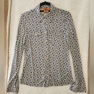 Tory Burch, Size Small, silk button down long sleeve navy & cream shirt